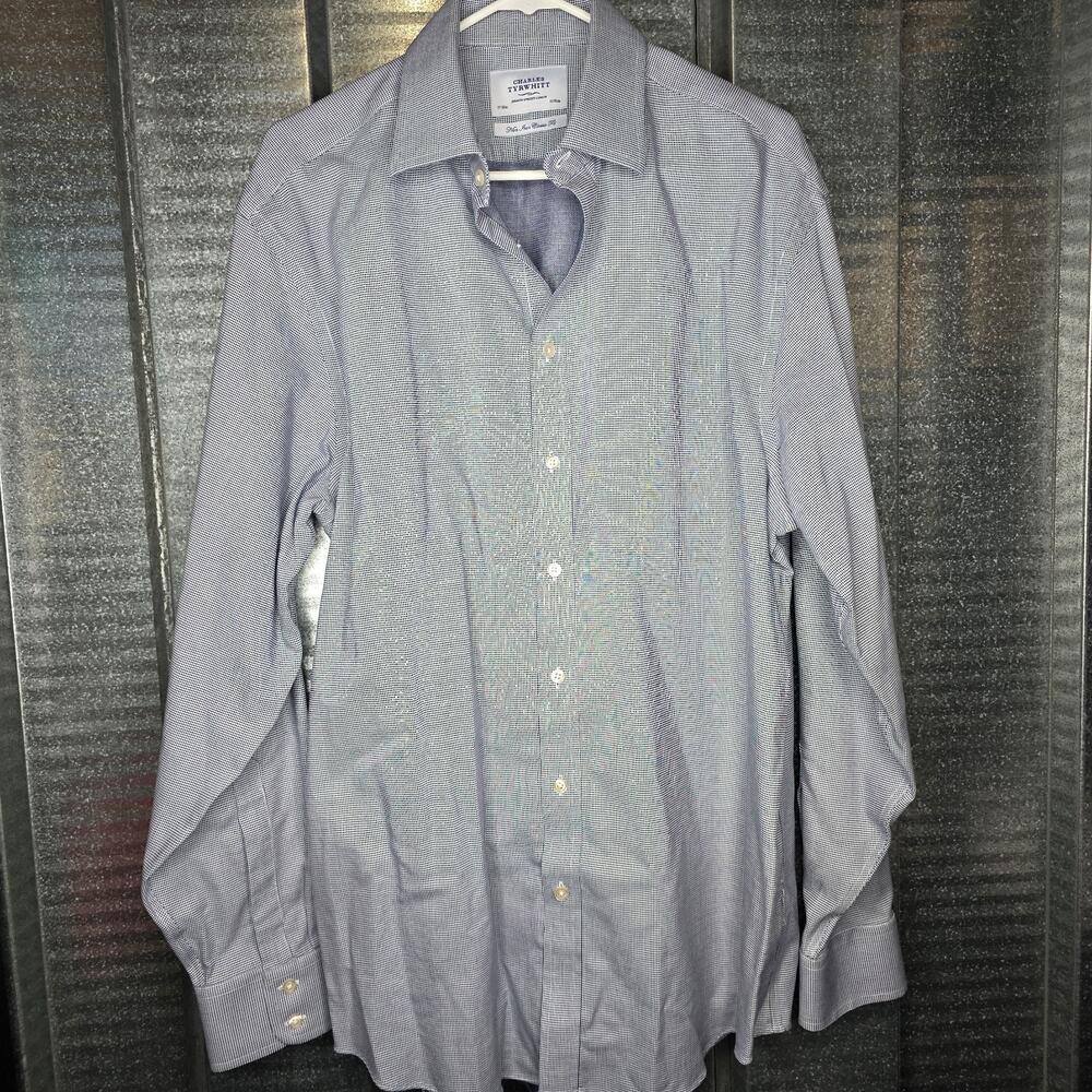 Charles Tyrwhitt 17 36 Blue White Check Dress Shirt Non Iron Classic Fit Cotton